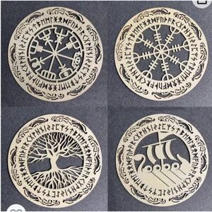 NEW 4 piece Tucocoo Round Laser Cut Wall Art Viking Nordic Decor Rune Amulet